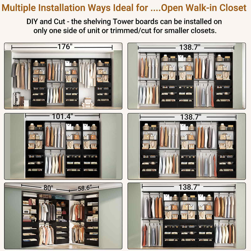 Closet System with 12 Drawers, 6.7+4.85Ft L Shaped Closet Organizer System with 4 Hanging Rods & Top Shelves, Set of 3