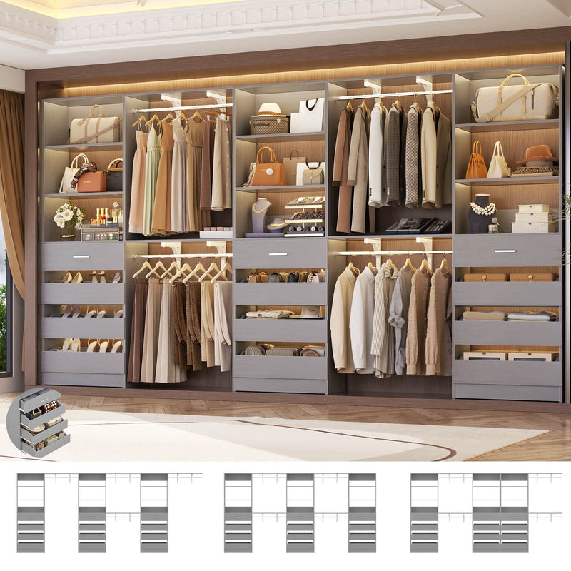 Closet System Set of 3, 138.5" Wood Closet Organizer System Tower with 12 Drawers & 4 Hanging Rods