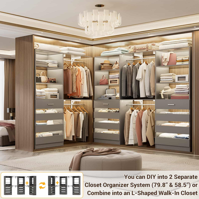 Closet System with 12 Drawers, 6.7+4.85Ft L Shaped Closet Organizer System with 4 Hanging Rods & Top Shelves, Set of 3