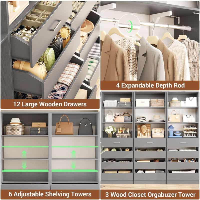 Closet System with 12 Drawers, 6.7+4.85Ft L Shaped Closet Organizer System with 4 Hanging Rods & Top Shelves, Set of 3