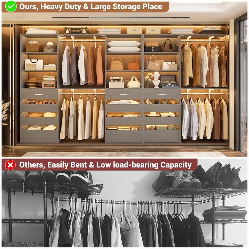 Closet System with 12 Drawers, 6.7+4.85Ft L Shaped Closet Organizer System with 4 Hanging Rods & Top Shelves, Set of 3