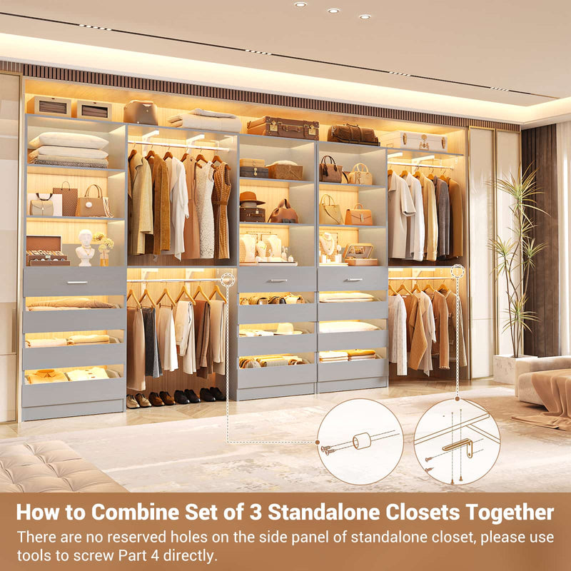 Closet System with 12 Drawers, 6.7+4.85Ft L Shaped Closet Organizer System with 4 Hanging Rods & Top Shelves, Set of 3