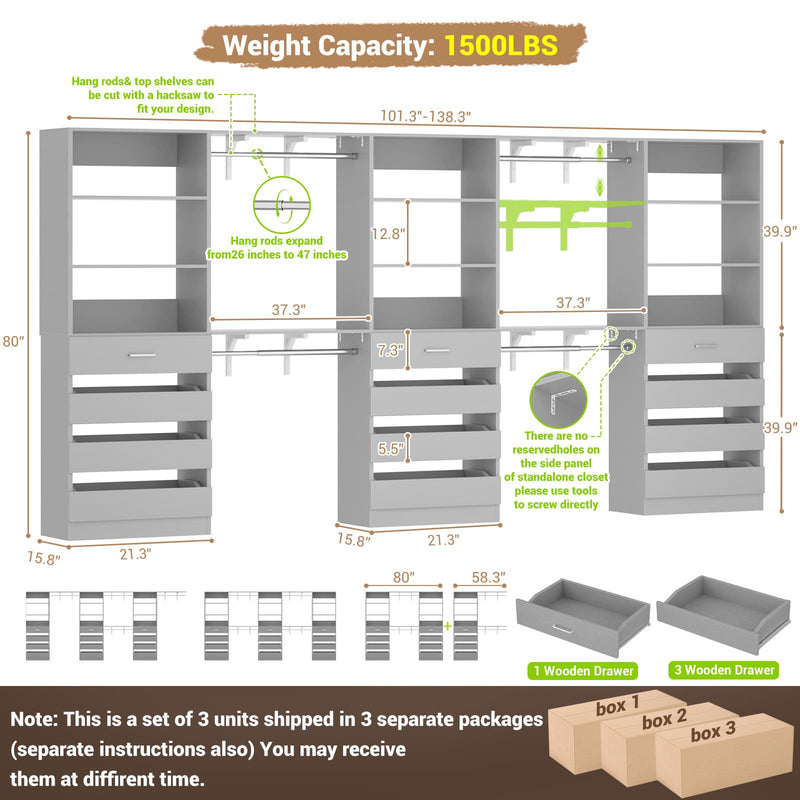 Closet System with 12 Drawers, 6.7+4.85Ft L Shaped Closet Organizer System with 4 Hanging Rods & Top Shelves, Set of 3