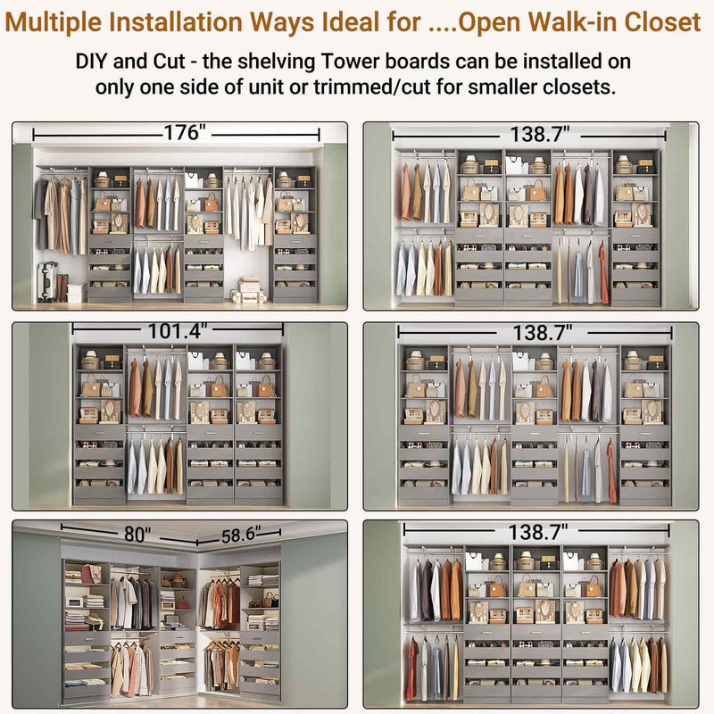 Closet System with 12 Drawers, 6.7+4.85Ft L Shaped Closet Organizer System with 4 Hanging Rods & Top Shelves, Set of 3