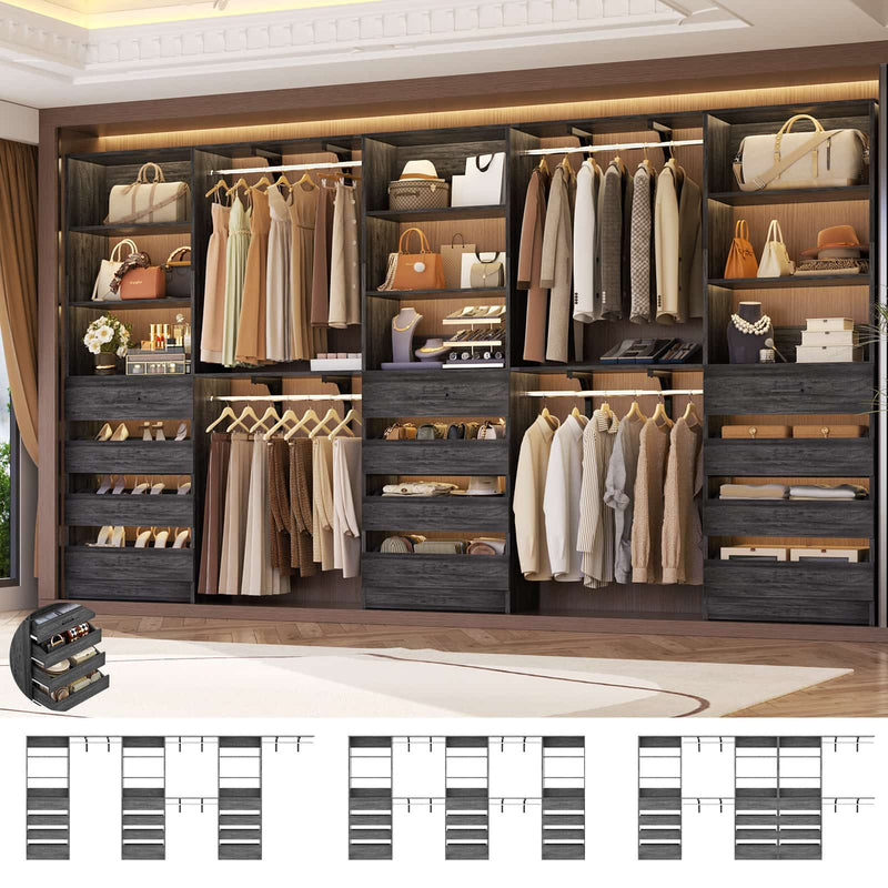 Closet System Set of 3, 138.5" Wood Closet Organizer System Tower with 12 Drawers & 4 Hanging Rods