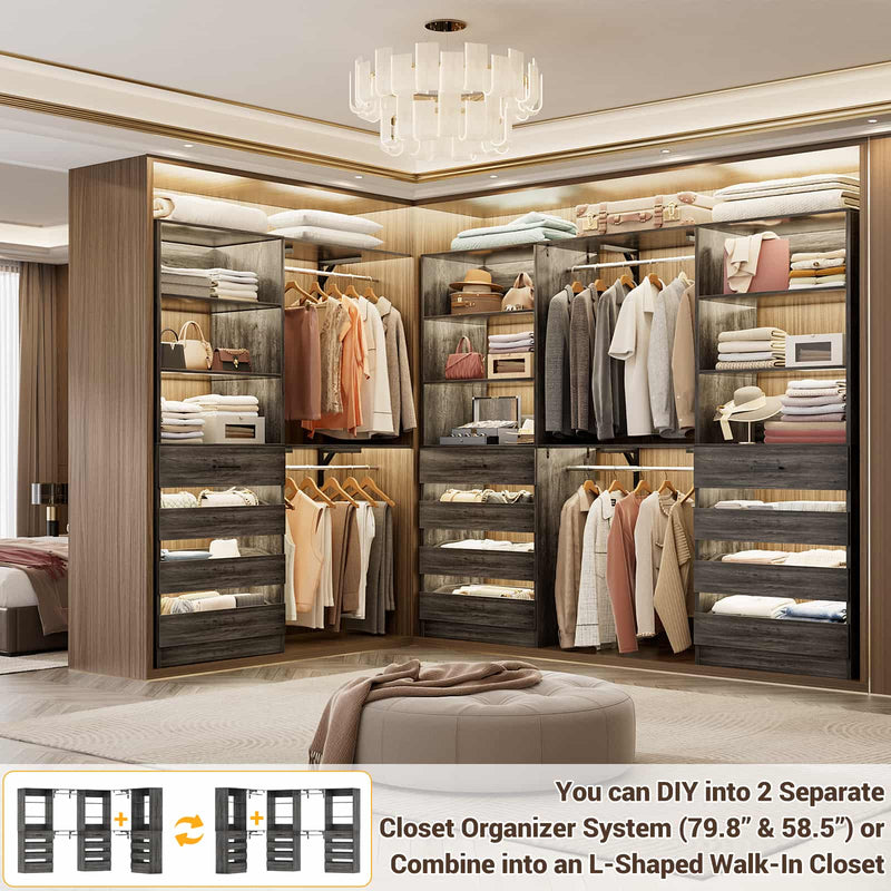 Closet System with 12 Drawers, 6.7+4.85Ft L Shaped Closet Organizer System with 4 Hanging Rods & Top Shelves, Set of 3