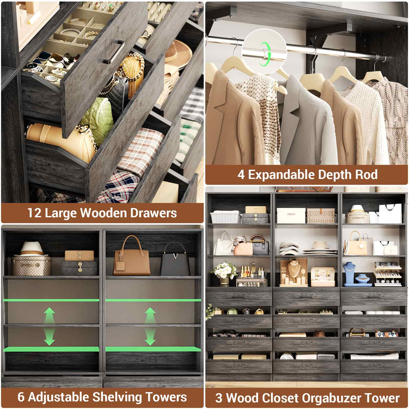 Closet System with 12 Drawers, 6.7+4.85Ft L Shaped Closet Organizer System with 4 Hanging Rods & Top Shelves, Set of 3