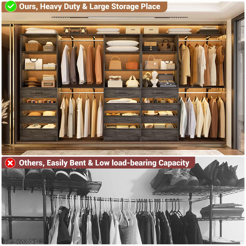 Closet System with 12 Drawers, 6.7+4.85Ft L Shaped Closet Organizer System with 4 Hanging Rods & Top Shelves, Set of 3