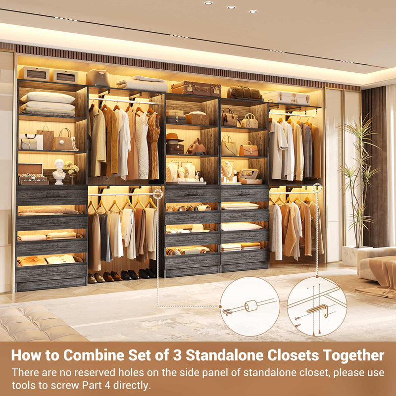 Closet System with 12 Drawers, 6.7+4.85Ft L Shaped Closet Organizer System with 4 Hanging Rods & Top Shelves, Set of 3
