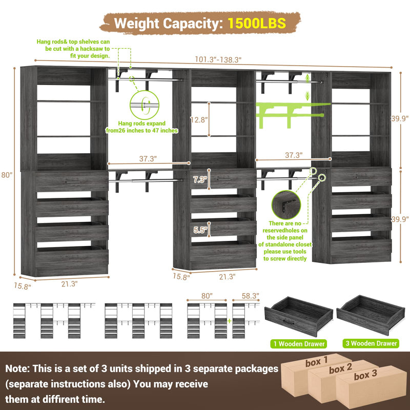 Closet System with 12 Drawers, 6.7+4.85Ft L Shaped Closet Organizer System with 4 Hanging Rods & Top Shelves, Set of 3