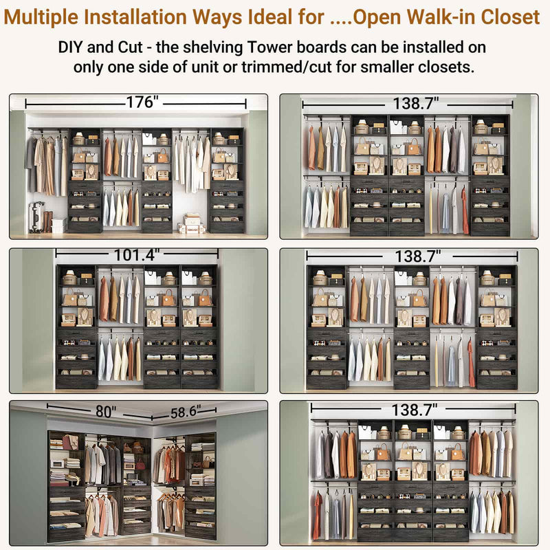 Closet System with 12 Drawers, 6.7+4.85Ft L Shaped Closet Organizer System with 4 Hanging Rods & Top Shelves, Set of 3