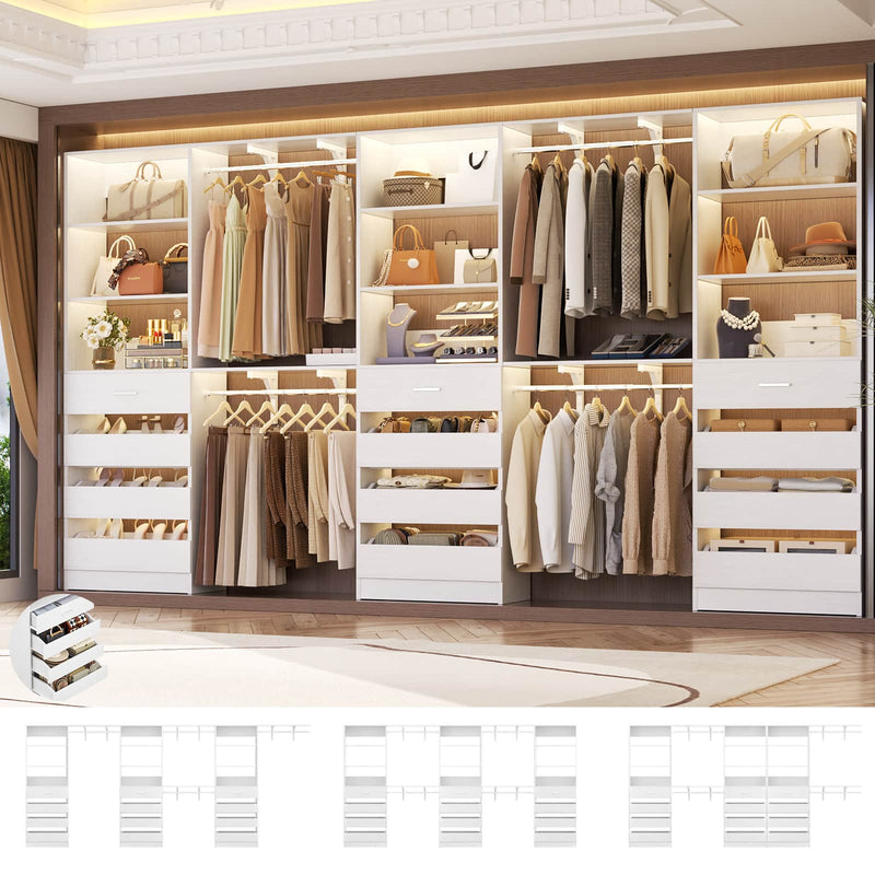 Closet System Set of 3, 138.5" Wood Closet Organizer System Tower with 12 Drawers & 4 Hanging Rods