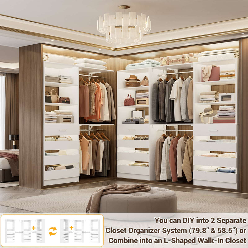 Closet System with 12 Drawers, 6.7+4.85Ft L Shaped Closet Organizer System with 4 Hanging Rods & Top Shelves, Set of 3