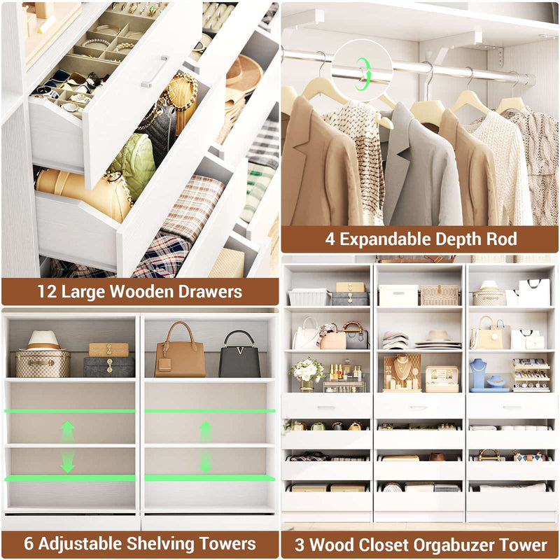 Closet System with 12 Drawers, 6.7+4.85Ft L Shaped Closet Organizer System with 4 Hanging Rods & Top Shelves, Set of 3