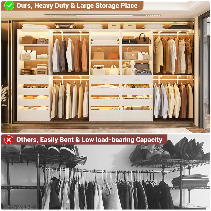 Closet System with 12 Drawers, 6.7+4.85Ft L Shaped Closet Organizer System with 4 Hanging Rods & Top Shelves, Set of 3