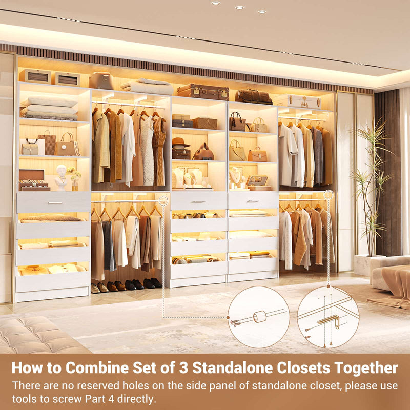 Closet System with 12 Drawers, 6.7+4.85Ft L Shaped Closet Organizer System with 4 Hanging Rods & Top Shelves, Set of 3