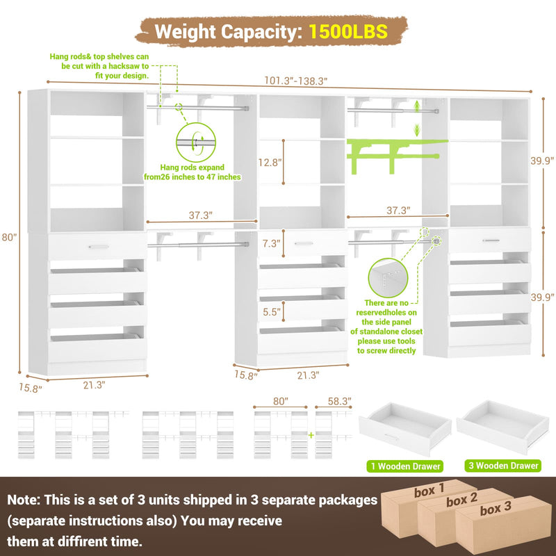Closet System with 12 Drawers, 6.7+4.85Ft L Shaped Closet Organizer System with 4 Hanging Rods & Top Shelves, Set of 3