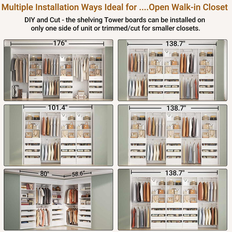 Closet System with 12 Drawers, 6.7+4.85Ft L Shaped Closet Organizer System with 4 Hanging Rods & Top Shelves, Set of 3