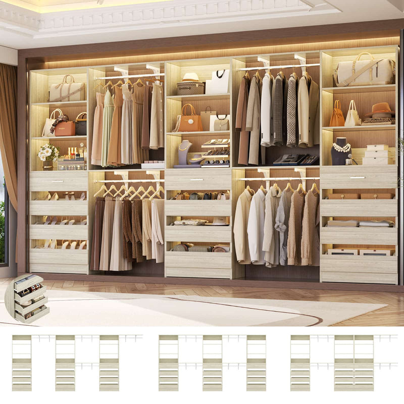 Closet System Set of 3, 138.5" Wood Closet Organizer System Tower with 12 Drawers & 4 Hanging Rods