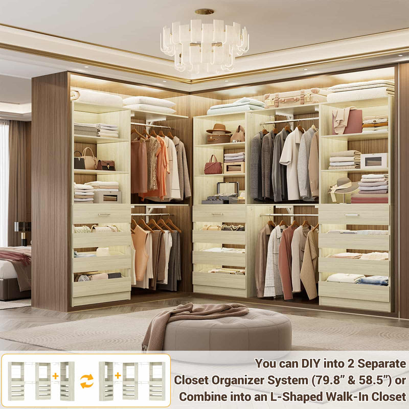 Closet System with 12 Drawers, 6.7+4.85Ft L Shaped Closet Organizer System with 4 Hanging Rods & Top Shelves, Set of 3