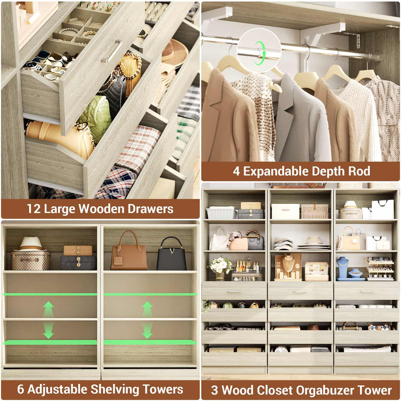 Closet System with 12 Drawers, 6.7+4.85Ft L Shaped Closet Organizer System with 4 Hanging Rods & Top Shelves, Set of 3