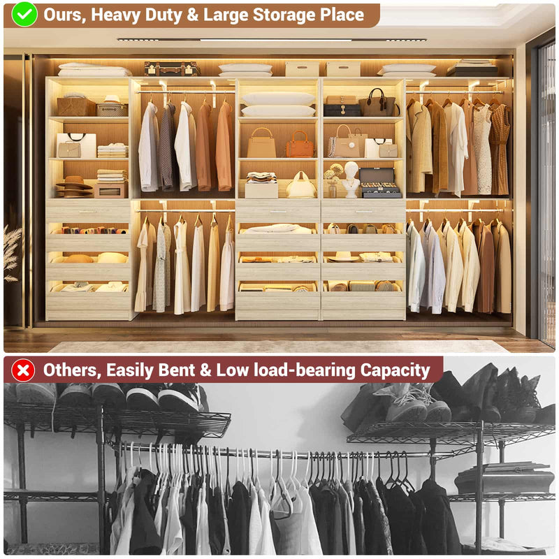 Closet System with 12 Drawers, 6.7+4.85Ft L Shaped Closet Organizer System with 4 Hanging Rods & Top Shelves, Set of 3