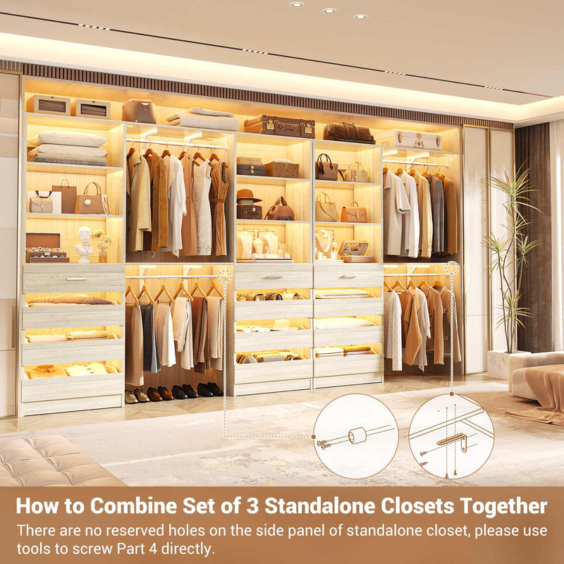 Closet System with 12 Drawers, 6.7+4.85Ft L Shaped Closet Organizer System with 4 Hanging Rods & Top Shelves, Set of 3