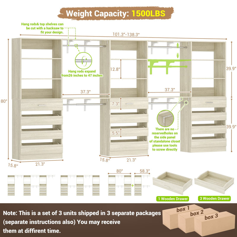 Closet System with 12 Drawers, 6.7+4.85Ft L Shaped Closet Organizer System with 4 Hanging Rods & Top Shelves, Set of 3