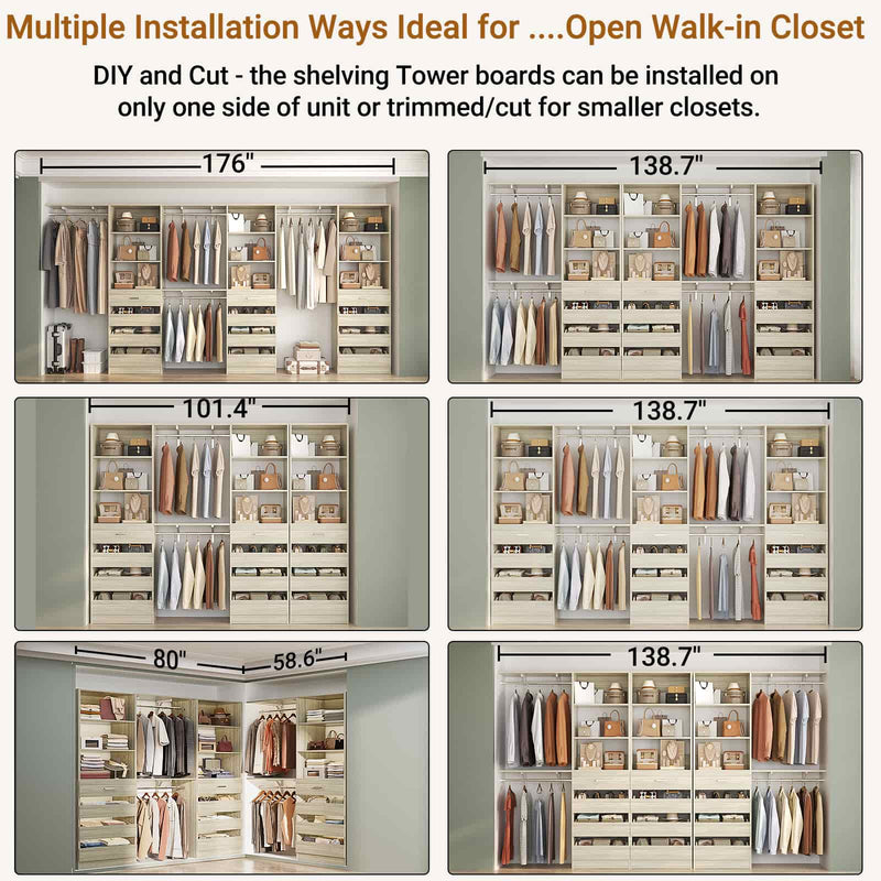 Closet System with 12 Drawers, 6.7+4.85Ft L Shaped Closet Organizer System with 4 Hanging Rods & Top Shelves, Set of 3