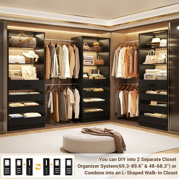 8.5-11.5Ft Wood Closet Organizer System with 12 Drawers and 4 Hanging Rods