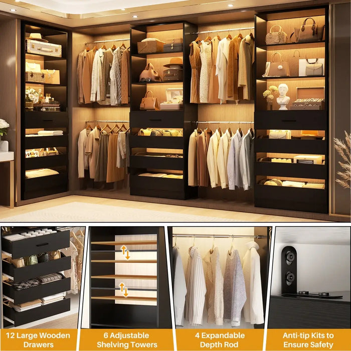 8.5-11.5Ft Wood Closet Organizer System with 12 Drawers and 4 Hanging Rods