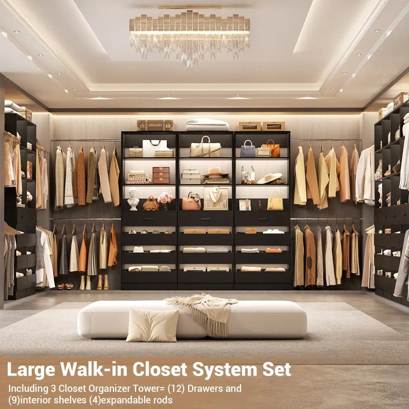 8.5-11.5Ft Wood Closet Organizer System with 12 Drawers and 4 Hanging Rods