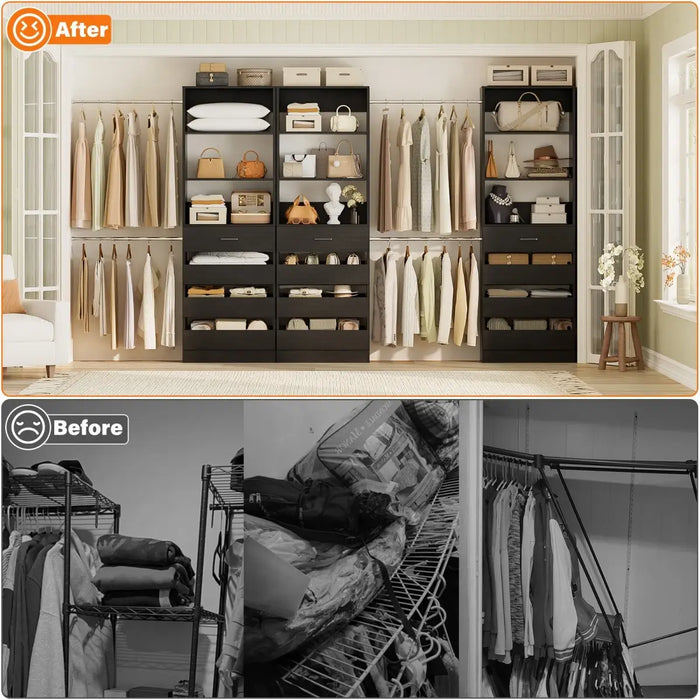 8.5-11.5Ft Wood Closet Organizer System with 12 Drawers and 4 Hanging Rods