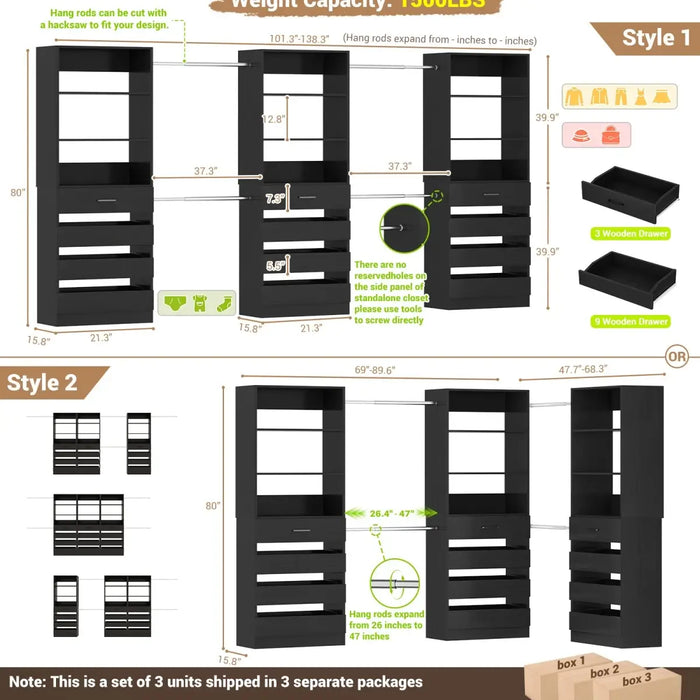 8.5-11.5Ft Wood Closet Organizer System with 12 Drawers and 4 Hanging Rods