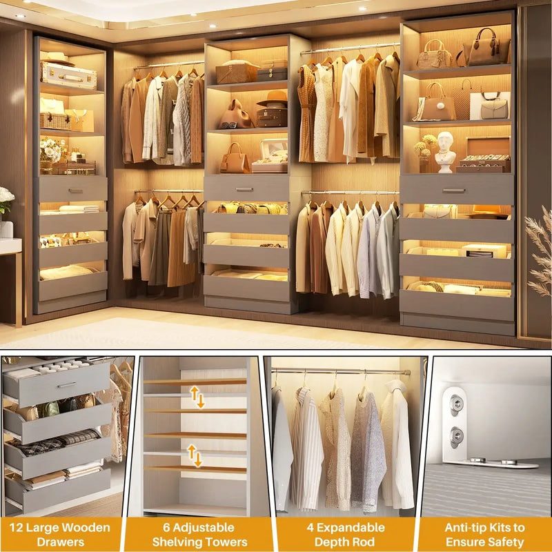 8.5-11.5Ft Wood Closet Organizer System with 12 Drawers and 4 Hanging Rods