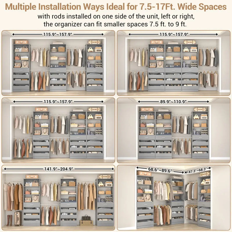 8.5-11.5Ft Wood Closet Organizer System with 12 Drawers and 4 Hanging Rods