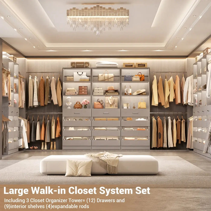 8.5-11.5Ft Wood Closet Organizer System with 12 Drawers and 4 Hanging Rods