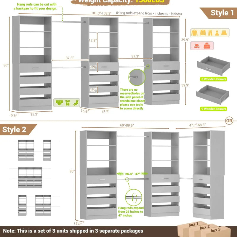 8.5-11.5Ft Wood Closet Organizer System with 12 Drawers and 4 Hanging Rods