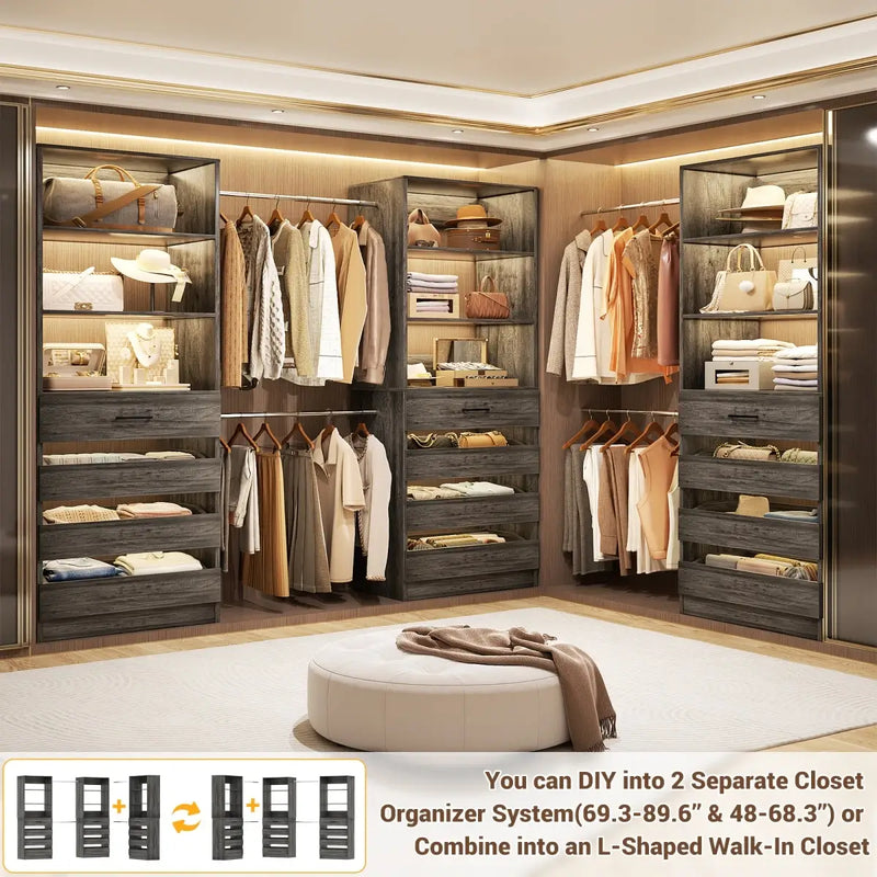8.5-11.5Ft Wood Closet Organizer System with 12 Drawers and 4 Hanging Rods
