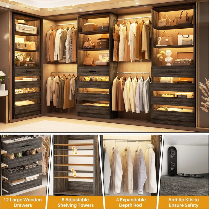 8.5-11.5Ft Wood Closet Organizer System with 12 Drawers and 4 Hanging Rods