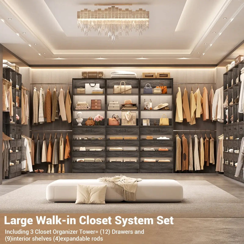 8.5-11.5Ft Wood Closet Organizer System with 12 Drawers and 4 Hanging Rods
