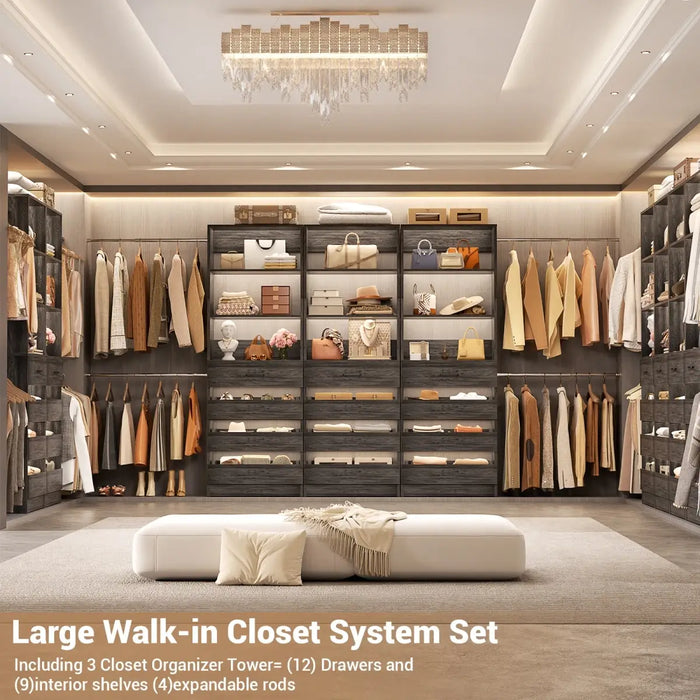 8.5-11.5Ft Wood Closet Organizer System with 12 Drawers and 4 Hanging Rods