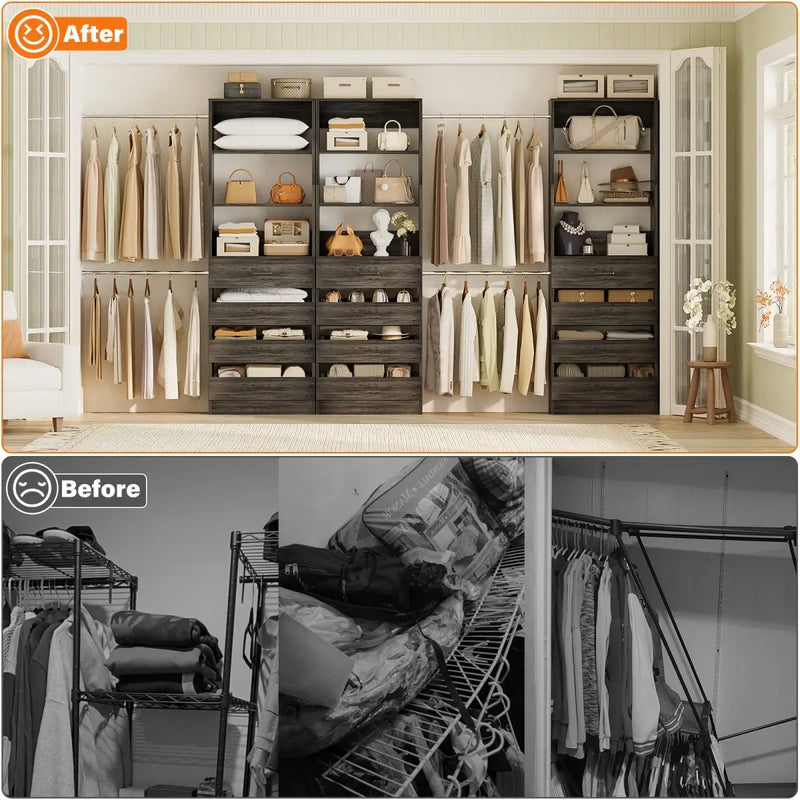 8.5-11.5Ft Wood Closet Organizer System with 12 Drawers and 4 Hanging Rods