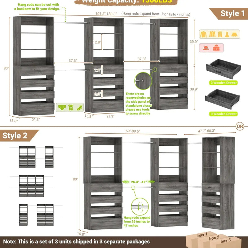 8.5-11.5Ft Wood Closet Organizer System with 12 Drawers and 4 Hanging Rods