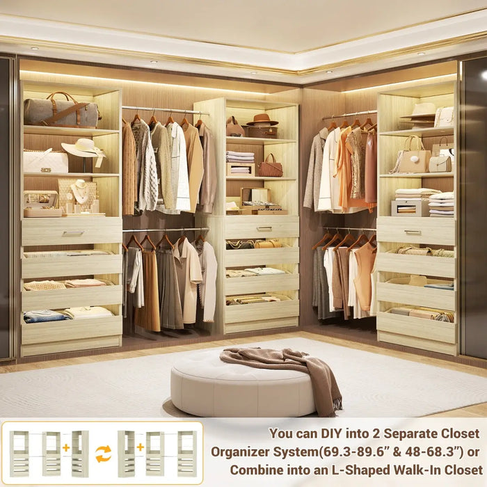 8.5-11.5Ft Wood Closet Organizer System with 12 Drawers and 4 Hanging Rods