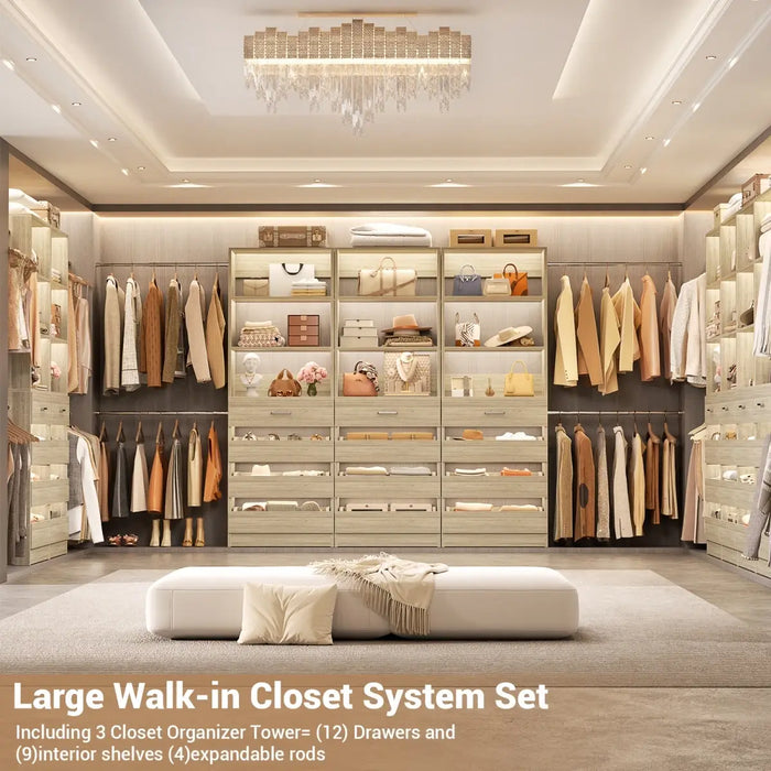 8.5-11.5Ft Wood Closet Organizer System with 12 Drawers and 4 Hanging Rods