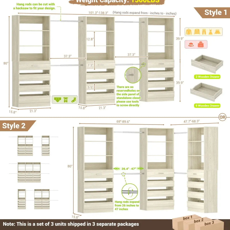 8.5-11.5Ft Wood Closet Organizer System with 12 Drawers and 4 Hanging Rods