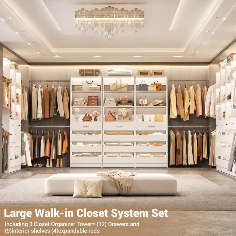 8.5-11.5Ft Wood Closet Organizer System with 12 Drawers and 4 Hanging Rods
