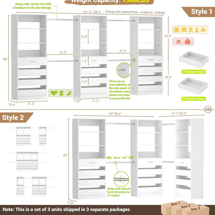 8.5-11.5Ft Wood Closet Organizer System with 12 Drawers and 4 Hanging Rods