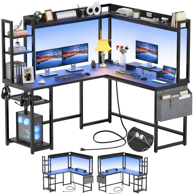 L-Shaped Desk with Power Outlet, LED Light & Hutch - Reversible, with Monitor Stand, Storage Shelves